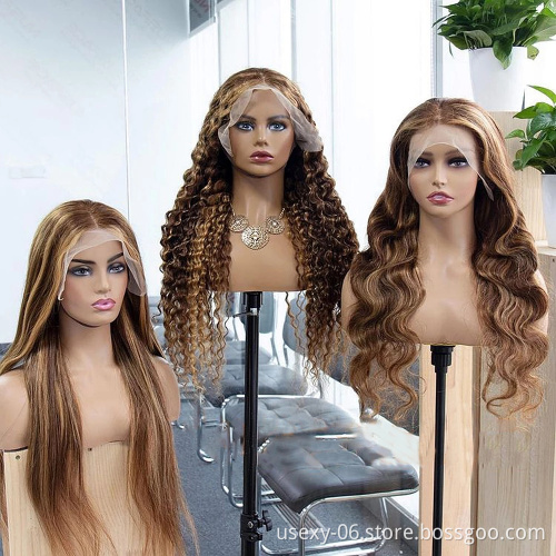 Highlight 1B Honey Brown Color Straight Human Hair Lace Front Wig Virgin Brazilian Hair Highlight Wig Transparent HD Frontal Wig